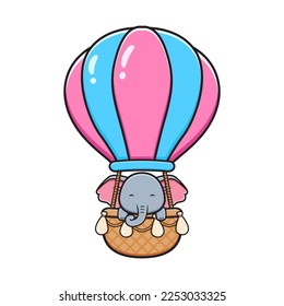 Cute elephant fly with hot air balloon cartoon icon illustration. Design isolated flat cartoon style