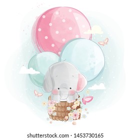 Cute Elephant Flying with Balloons