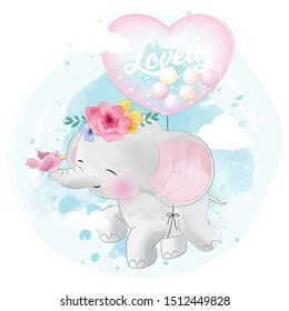 Cute elephant flying with love balloon