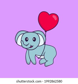Cute elephant flying with love shaped balloons. Animal cartoon concept isolated. Can used for t-shirt, greeting card, invitation card or mascot.
