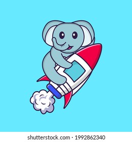 Cute elephant flying on rocket. Animal cartoon concept isolated. Can used for t-shirt, greeting card, invitation card or mascot.