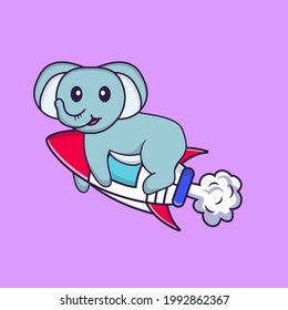 Cute elephant flying on rocket. Animal cartoon concept isolated. Can used for t-shirt, greeting card, invitation card or mascot.