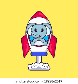 Cute elephant flying on rocket. Animal cartoon concept isolated. Can used for t-shirt, greeting card, invitation card or mascot.