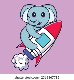 Cute elephant flying on rocket. Animal cartoon concept isolated. Can used for t-shirt_ greeting card_ invitation card or mascot.