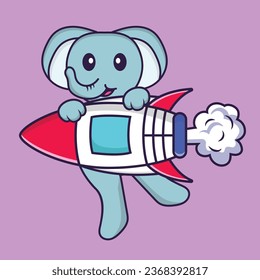 Cute elephant flying on rocket. Animal cartoon concept isolated. Can used for t-shirt_ greeting card_ invitation card or mascot.