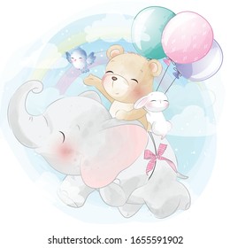 Cute elephant flying in the sky with bear and rabbit