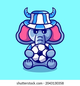 cute elephant football supporter with ball and hat, suitable for football fans t-shirt or animal icon design