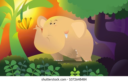 Cute elephant in forest. Vector illustration