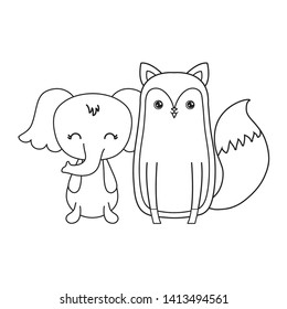 cute elephant with fox animals isolated icon