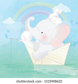 Cute elephant and friend sitting inside the paper boat