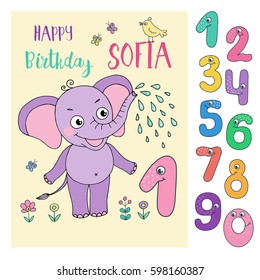 Cute elephant with cute and funny colorful number characters from 0 to 9. Can be used for birthday cards, baby announcement, invitations. Cartoon vector illustration on white background for children.