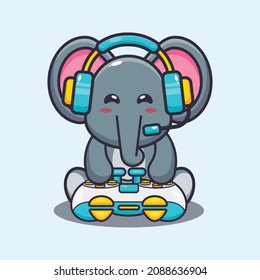 Cute elephant gamer. Cute cartoon animal illustration.