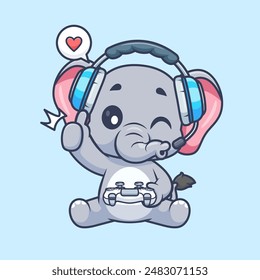 Cute Elephant Gaming Cartoon Vector Icon Illustration. Animal Technology Icon Concept Isolated Premium Vector. Flat Cartoon Style