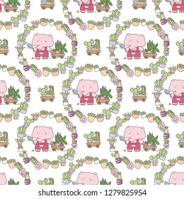 Cute elephant gardener seamless pattern