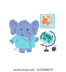 Lindo elefante, profesor de geografía en chaqueta azul y corbata. Globo, brújula, mapa del tesoro. Animal. Carácter feliz. Estudiando la superficie de la Tierra. Estilo de dibujos animados. Ilustración vectorial sobre fondo blanco.