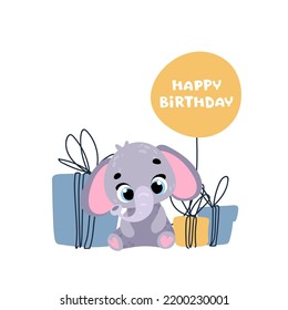 Un elefante lindo con un regalo, un globo. Impresión vectorial para habitación infantil, tela, papel, tarjeta de felicitación, postal, tarjeta, camiseta, afiche, textil. Ilustración vectorial. Feliz cumpleaños. 