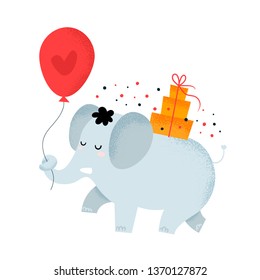 Cute elephant with gift box and balloon with heart. Happy birthday card. Flat Illustration for kids game, book, t-shirt, card, print, poster, decoration and textile