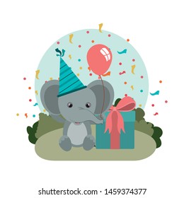 cute elephant with gift box in landscape