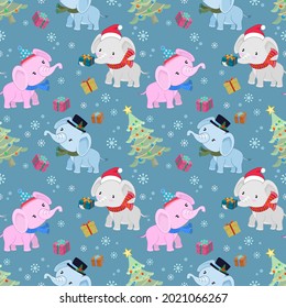 Cute elephant with gift and Christmas tree seamless pattern.