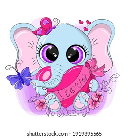 Cute elephant with a gift in his hands. A cheerful baby elephant sits with a heart in its paws, butterflies fly around it. The vector illustration also has many flowers of the image in purple. 