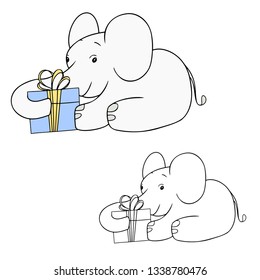 Cute elephant with a gift on the white background, coloring character, isolated vector safari animal, children cartoon illustration, element for greeting card, invitation, happy birthday