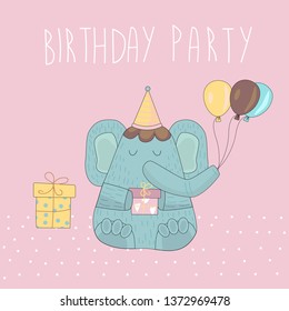 Cute elephant with gifts and balloons. Cartoon character