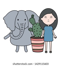 cute elephant and girl with exotic cactus in ceramic pot