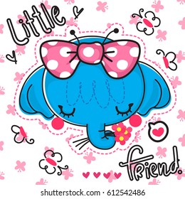 Cute elephant girl face cartoon wearing a big bow and holding flowers in its trunk with butterfly background vector illustration.