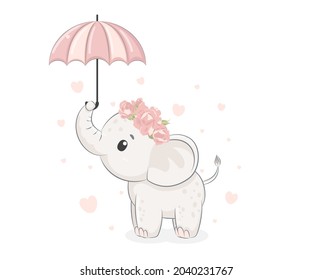 Cute elephant girl with an umbrella. Vector illustration of a cartoon .