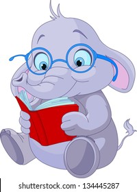 Cute elephant with glasses reading  a book.