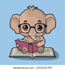 Cute elephant with glasses reading a book. Cartoon Illustration