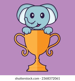 Cute elephant with gold trophy. Animal cartoon concept isolated. Can used for t-shirt_ greeting card_ invitation card or mascot.