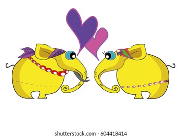 Cute elephant gypsy couple with two hearts in vector illustration. It can be used for posters, t-shirt design, wall decoration, anniversary greetings and invitation cards.