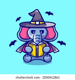 cute elephant halloween witch reading a book, suitable for cute animal halloween t-shirts or mascot designs