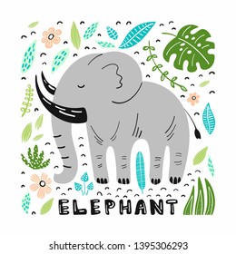 Cute elephant with hand drawn illustrations with lettering. Travel postcard, kids book clipart