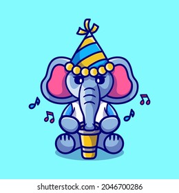 cute elephant happy new year with trumpet and hat, suitable for happy new year t-shirt or mascot design