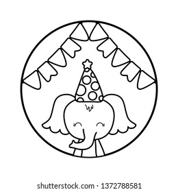 cute elephant with hat party in frame circular