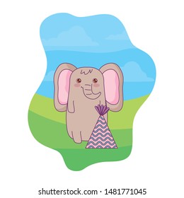 cute elephant with hat party in landscape