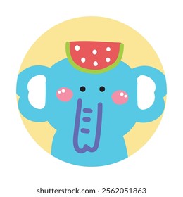 Cute elephant have watermelon fruit on head pastel background picture screen on brooch pin.Wild animal character cartoon design.Kawaii.Vector.Illustration.