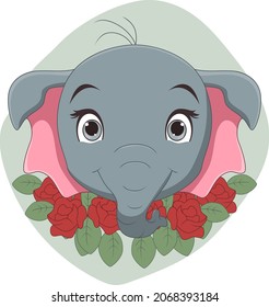 Cute Elephant Head Cartoon With Flowers 