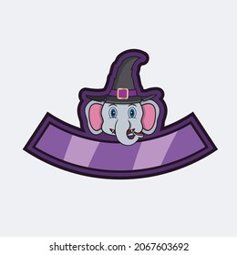 Personaje Cute Elephant Head. Para logotipo, icono, insignia, emblema y etiqueta con sombrero de bruja. Vector E Ilustración.