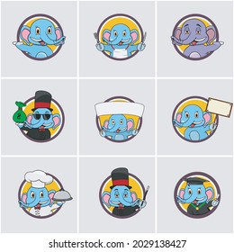 Cute Elephant Head Circle Label set, Yellow Colors Background, Cartoon, Mascot, Animals, Character, Vector and Illustration.