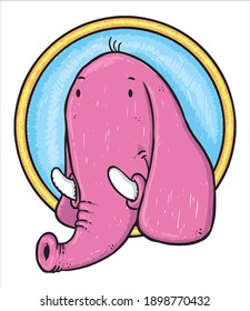 Cute Elephant Head. Hand drawn illustration of an elephant head in a circle like a logo.