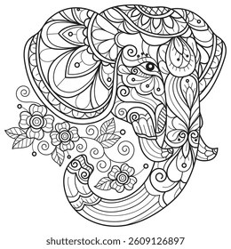 Cute elephant head hand drawn for adult coloring book