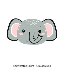 Diseño de impresión de cabezal elefante para niños. Pequeña cara de elefante bebé. Dibujo del vehículo animado Kawaii Ilustración. Diseño de carteles o impresos escandinavos, tarjeta de bienvenida para bebés