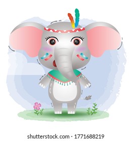 a cute elephant in a headdress with feathers. Cartoon apache elephant. Vector illustration