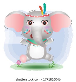 a cute elephant in a headdress with feathers. Cartoon apache elephant. Vector illustration