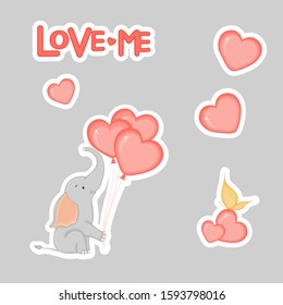 Cute elephant with hearts for Valentine's Day in cartoon style. Lettering Love. Stickers.