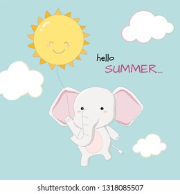 Cute elephant hello summer banner card hand drawn style vector