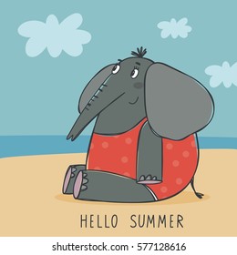 Cute elephant. Hello summer card